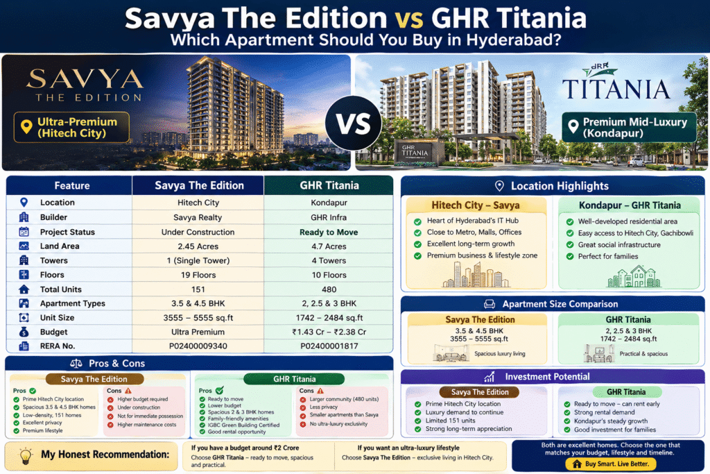 Savya The Edition vs GHR Titania comparison infographic showing price, location, apartment size